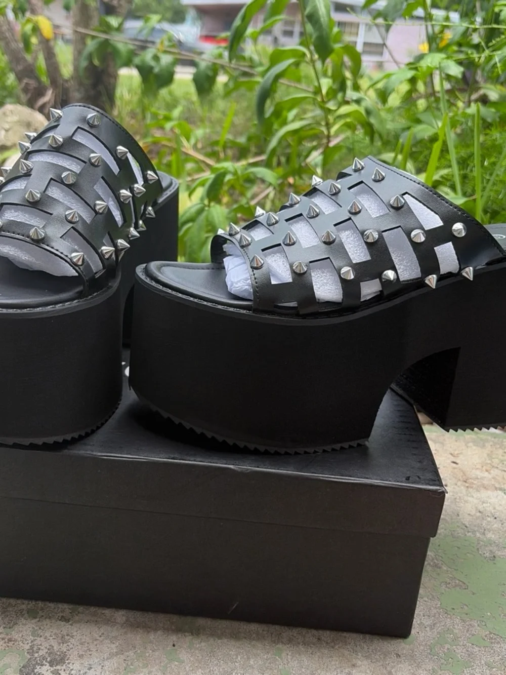Black Spike-Embellished Platform Slide Sandals
